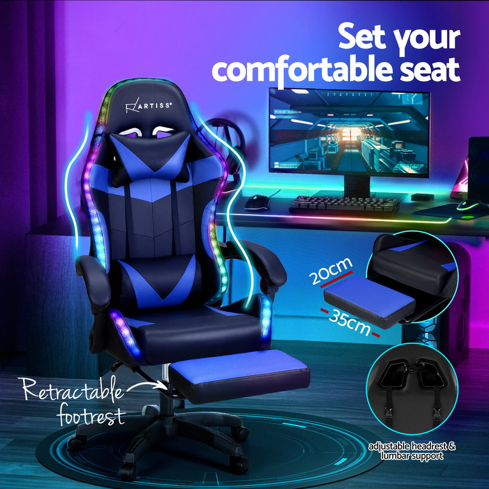 Massage Chairs: Artiss 6 Point Massage Gaming Office Chair 7 LED Footrest Blue