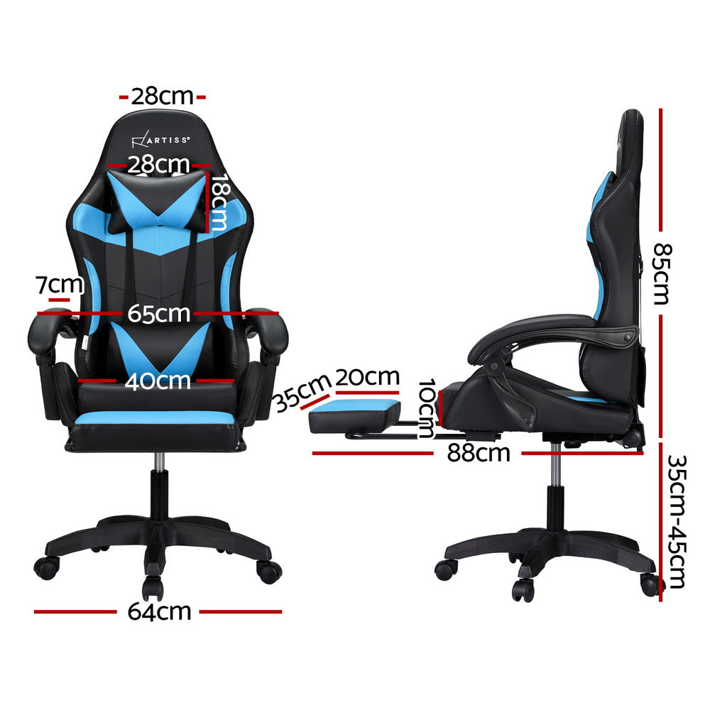 Gaming Chairs: Artiss 6 Point Massage Gaming Office Chair 7 LED Footrest Cyan Blue