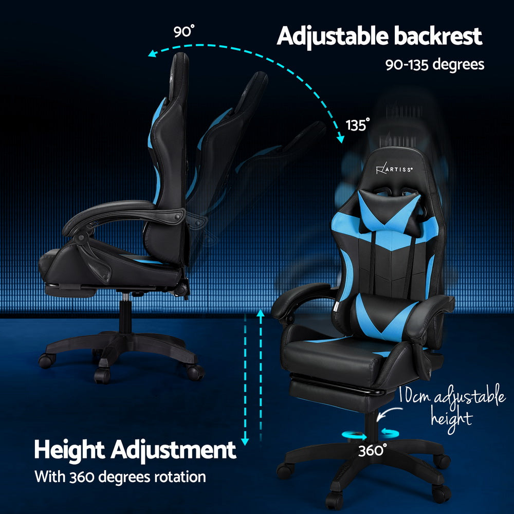 Gaming Chairs: Artiss 6 Point Massage Gaming Office Chair 7 LED Footrest Cyan Blue