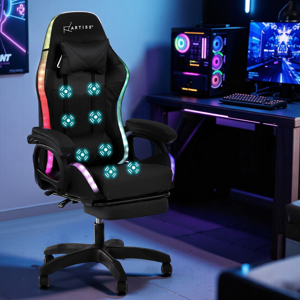 Office & Desk Chairs: Artiss Gaming Office Chair 12 RGB LED Massage Computer Work Seat Footrest Black