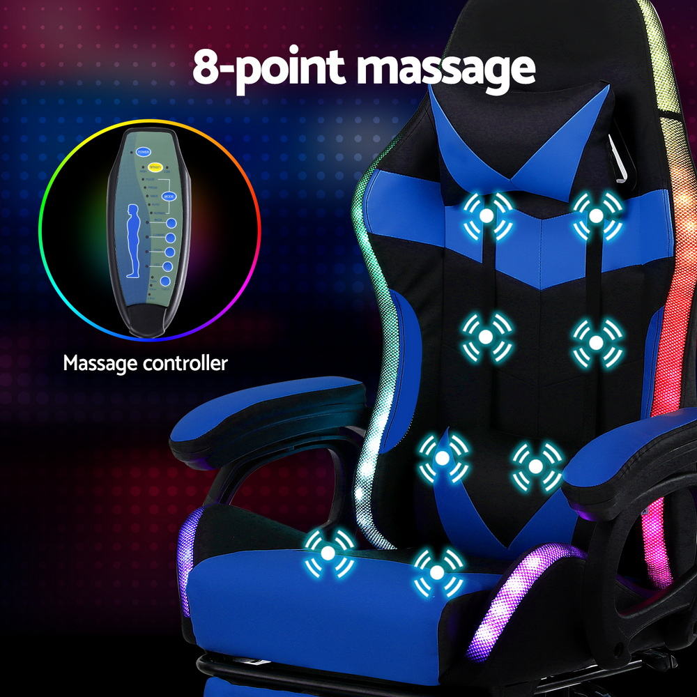 Office & Desk Chairs: Artiss Gaming Office Chair 12 RGB LED Massage Computer Work Seat Footrest Blue