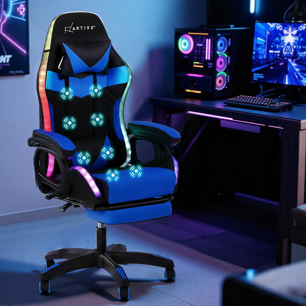 Office & Desk Chairs: Artiss Gaming Office Chair 12 RGB LED Massage Computer Work Seat Footrest Blue