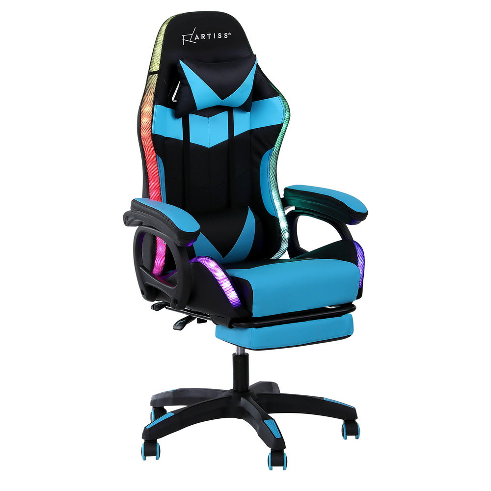 Office & Desk Chairs: Artiss Gaming Office Chair 12 RGB LED Massage Computer Work Seat Footrest Cyan