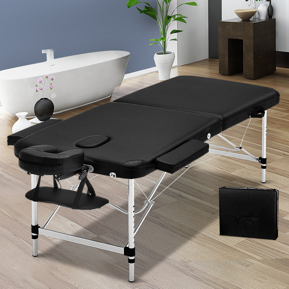 Massage Tables: Zenses Massage Table 75cm Portable 2 Fold Aluminium Beauty Bed Black
