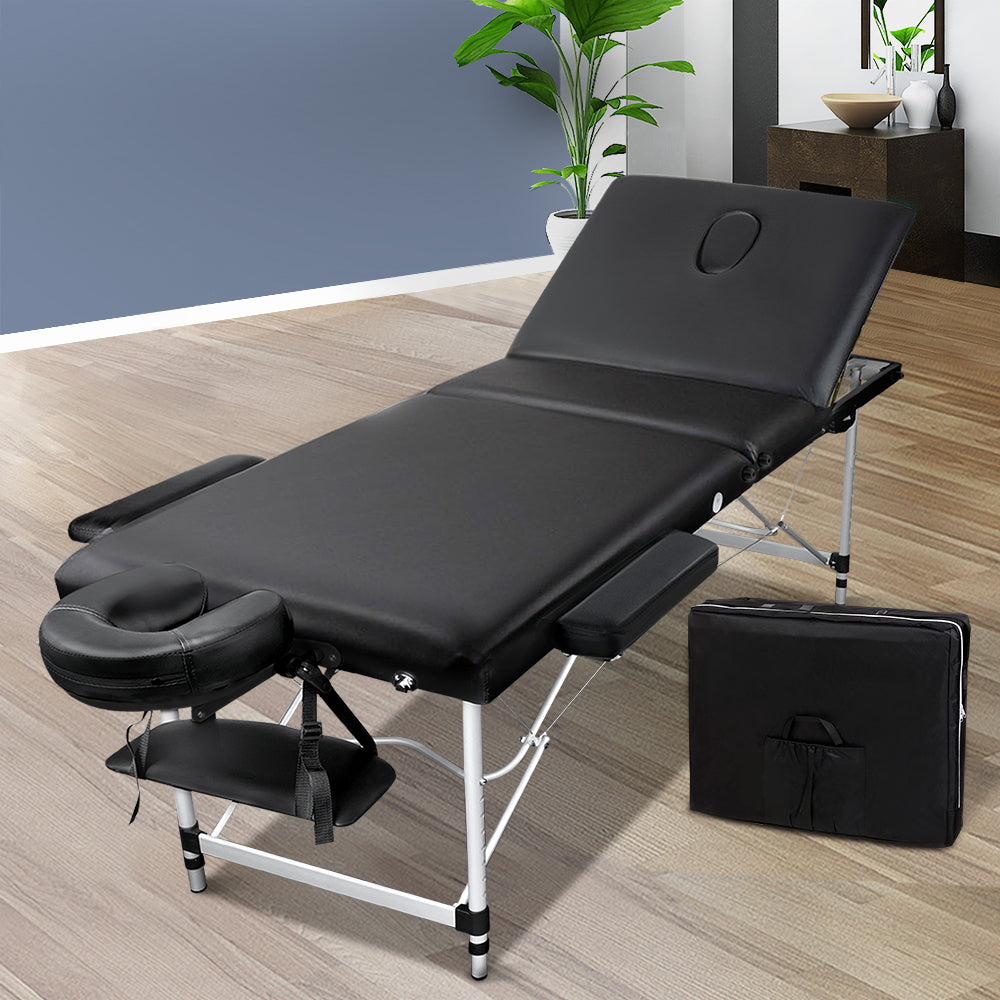 Massage Tables: Zenses Massage Table 60cm Portable 3 Fold Aluminium Beauty Bed Black