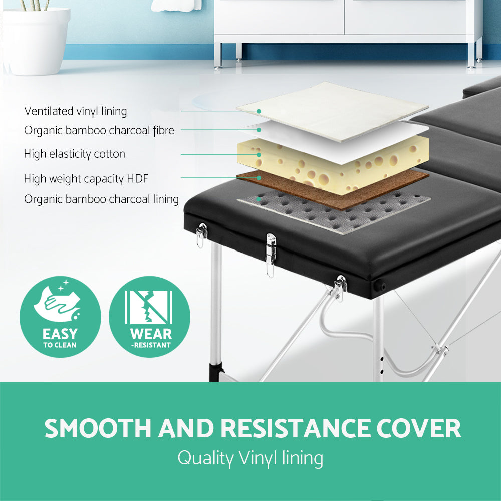 Massage Tables: Zenses Massage Table 60cm Portable 3 Fold Aluminium Beauty Bed Black