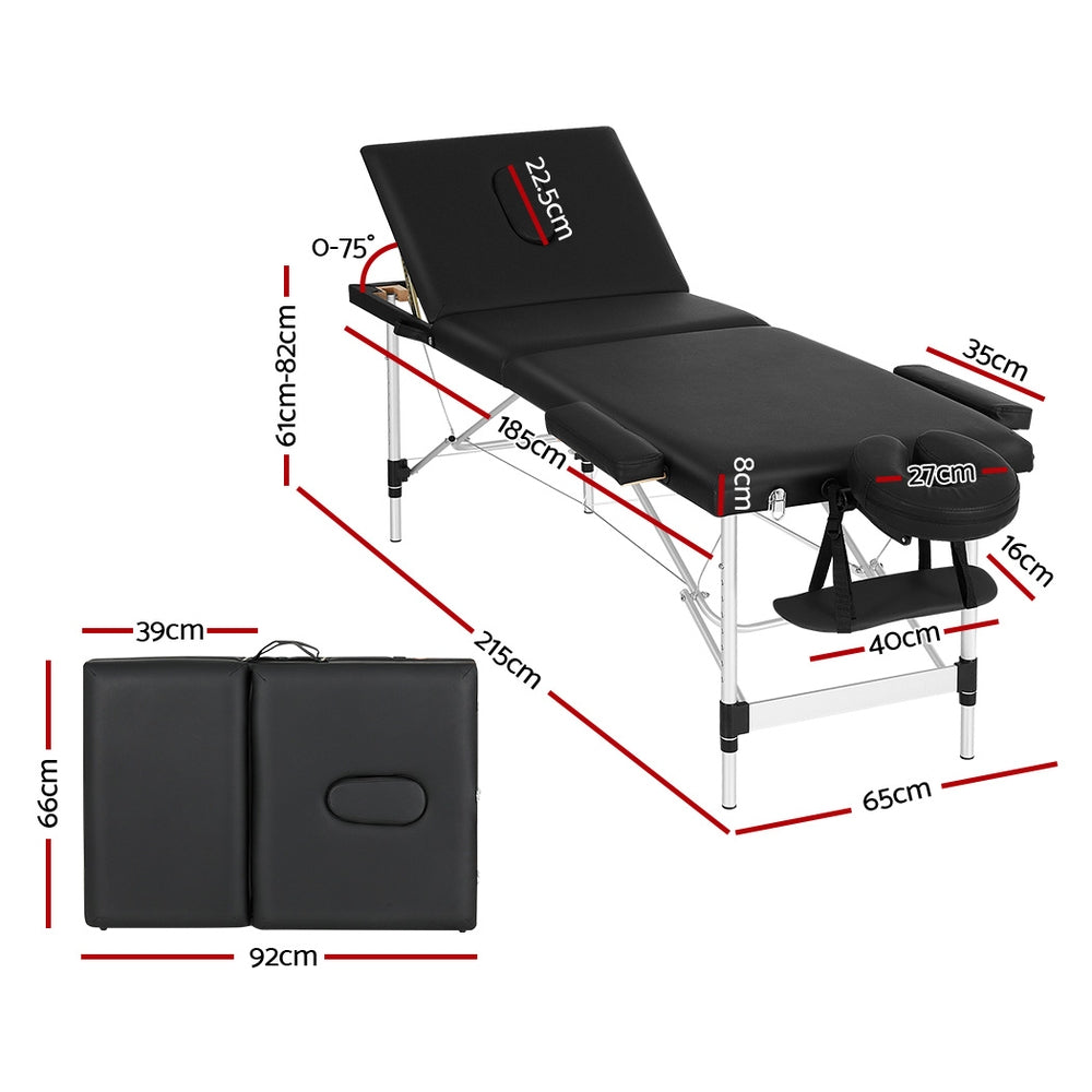 Massage Tables: Zenses Massage Table 65cm Portable 3 Fold Aluminium Beauty Bed Black