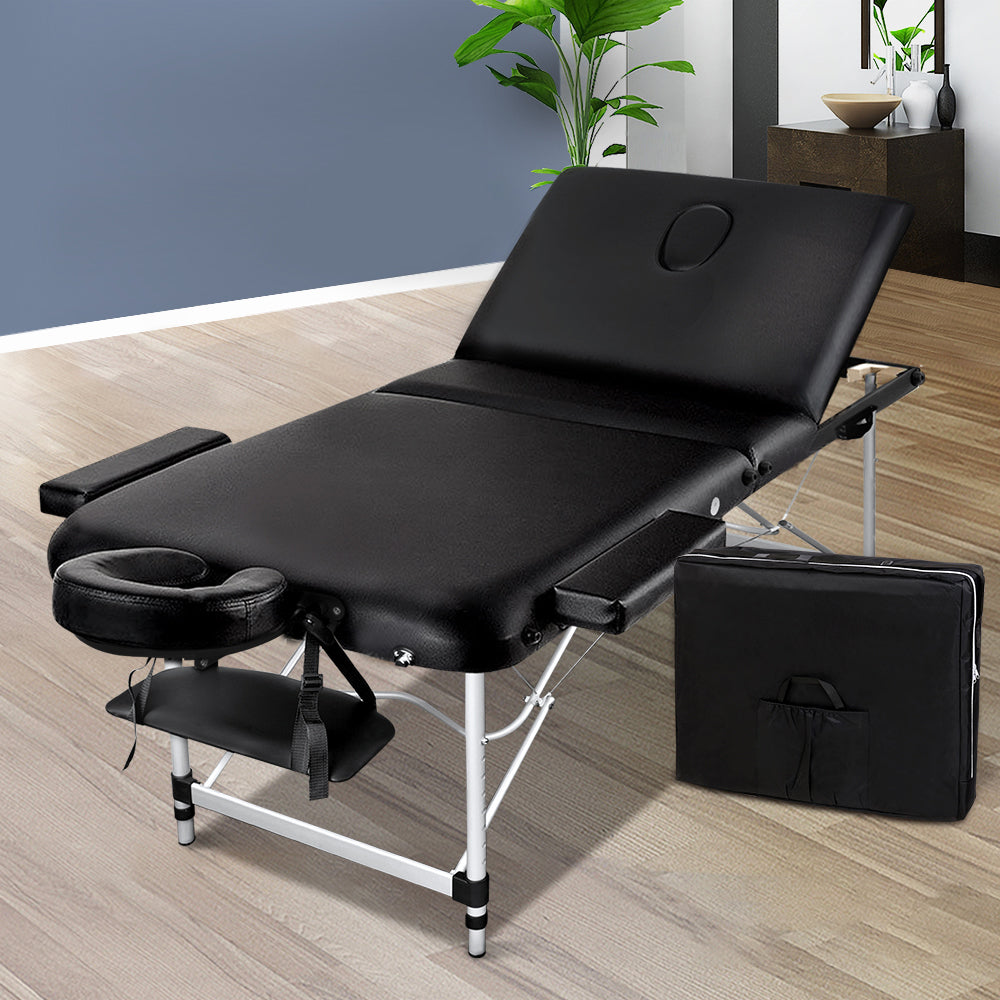 Massage Tables: Zenses Massage Table 70cm Portable 3 Fold Aluminium Beauty Bed Black