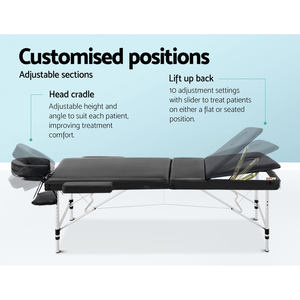 Massage Tables: Zenses Massage Table 70cm Portable 3 Fold Aluminium Beauty Bed Black