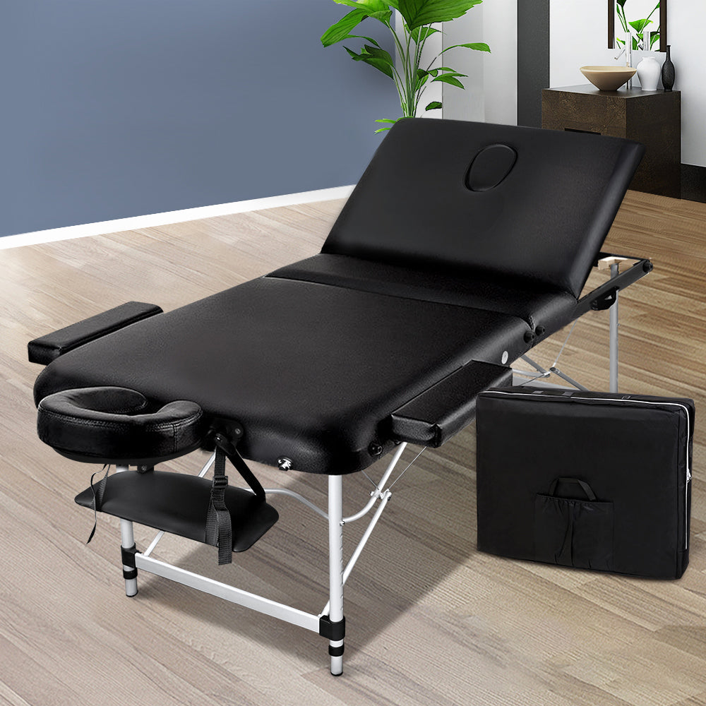 Massage Tables: Zenses Massage Table 80cm Portable 3 Fold Aluminium Beauty Bed Black