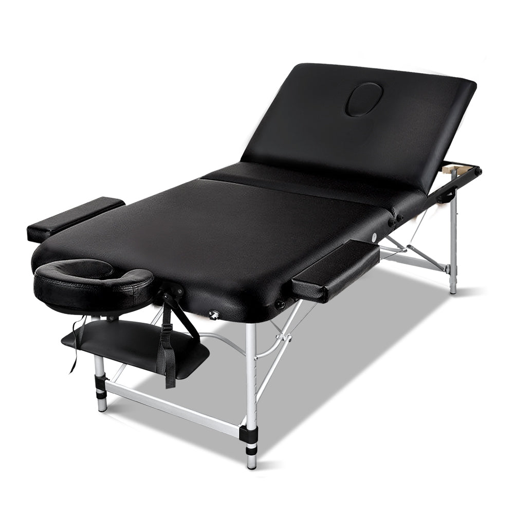 Massage Tables: Zenses Massage Table 80cm Portable 3 Fold Aluminium Beauty Bed Black