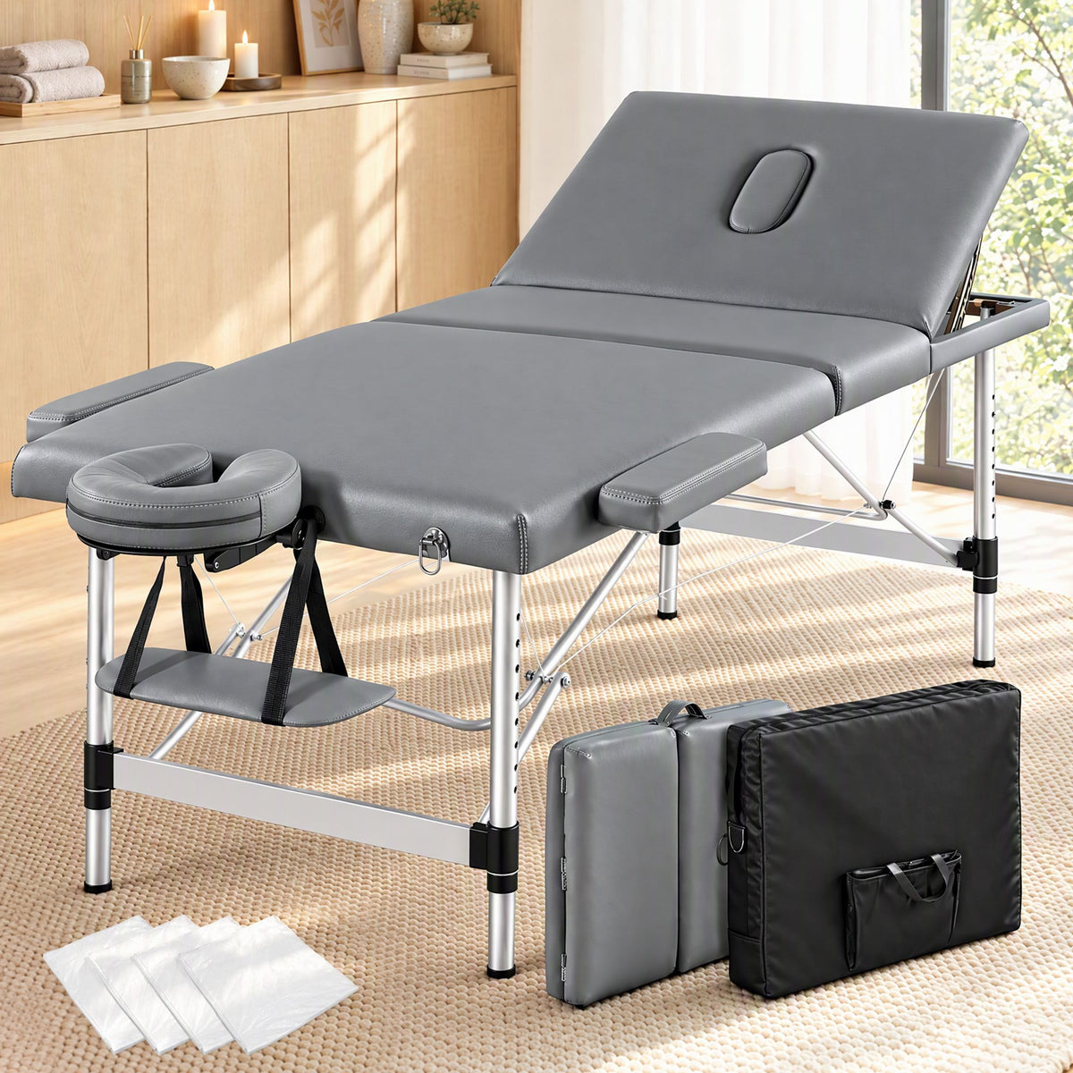 Zenses 3-Fold Portable Massage Table 80cm Adjustable Backrest & Height, Aluminium Beauty Bed Grey