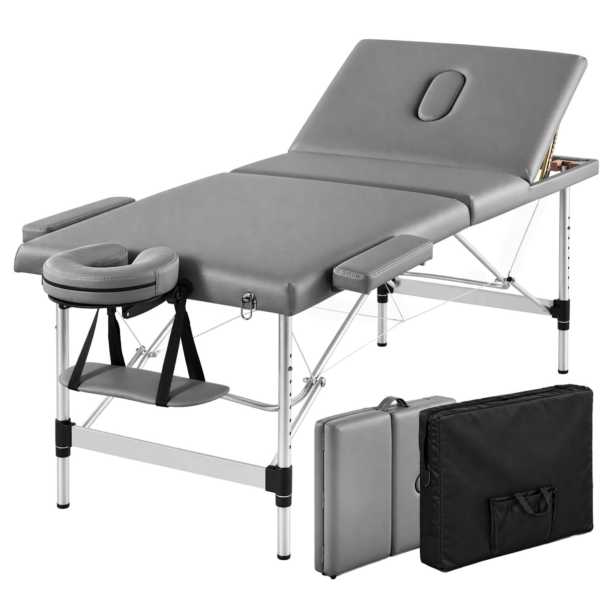 Zenses 3-Fold Portable Massage Table 75cm Adjustable Backrest & Height, Aluminium Beauty Bed Grey
