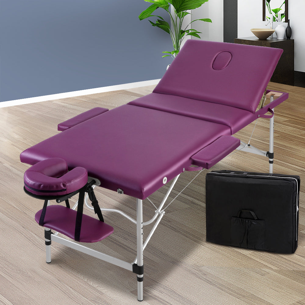 Massage Tables: Zenses Massage Table 75cm Portable 3 Fold Aluminium Beauty Bed Violet