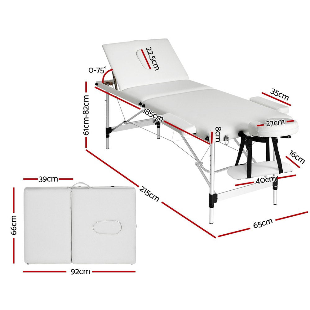 Massage Tables: Zenses Massage Table 65cm Portable 3 Fold Aluminium Beauty Bed White