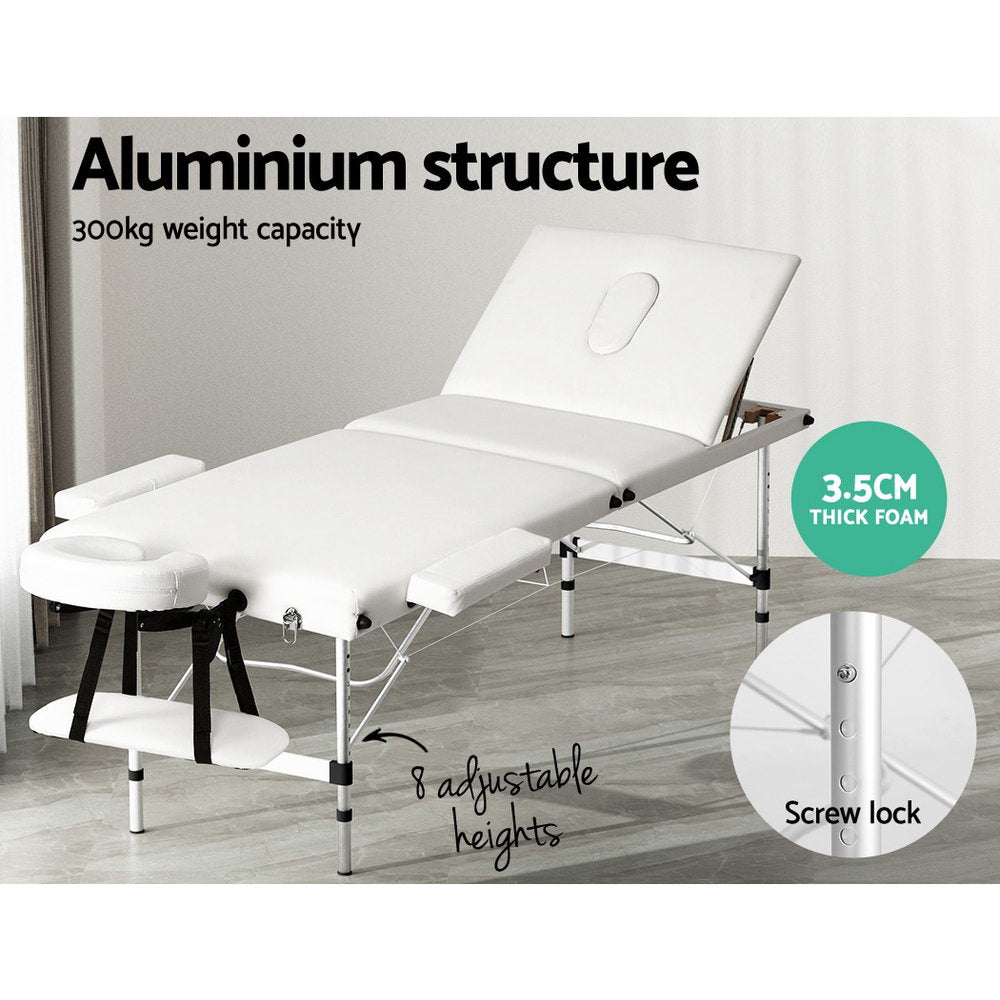 Massage Tables: Zenses Massage Table 65cm Portable 3 Fold Aluminium Beauty Bed White