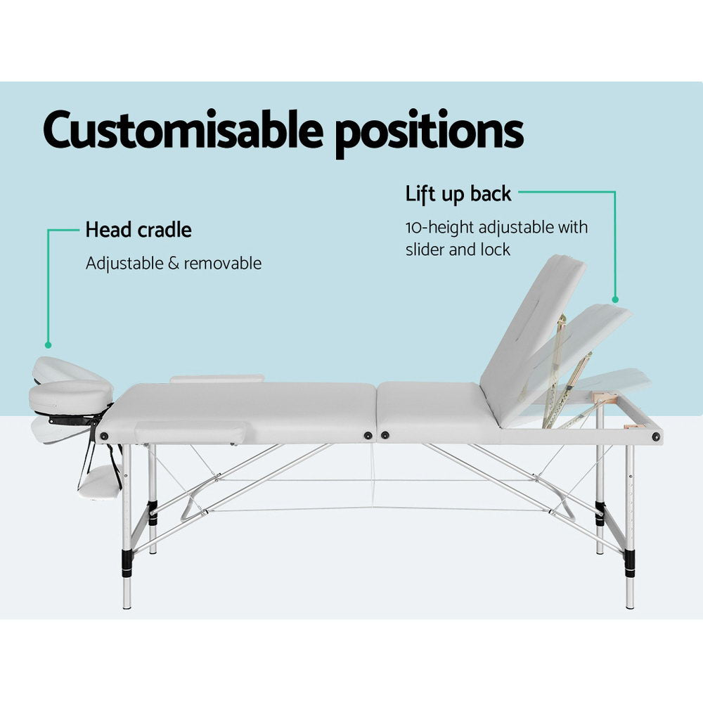 Massage Tables: Zenses Massage Table 65cm Portable 3 Fold Aluminium Beauty Bed White
