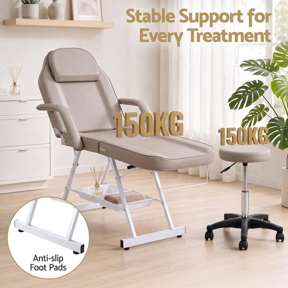 Zenses Beauty Bed with Stool, Beige, Adjustable Facial Massage Table, Tattoo Chair, Salon Services