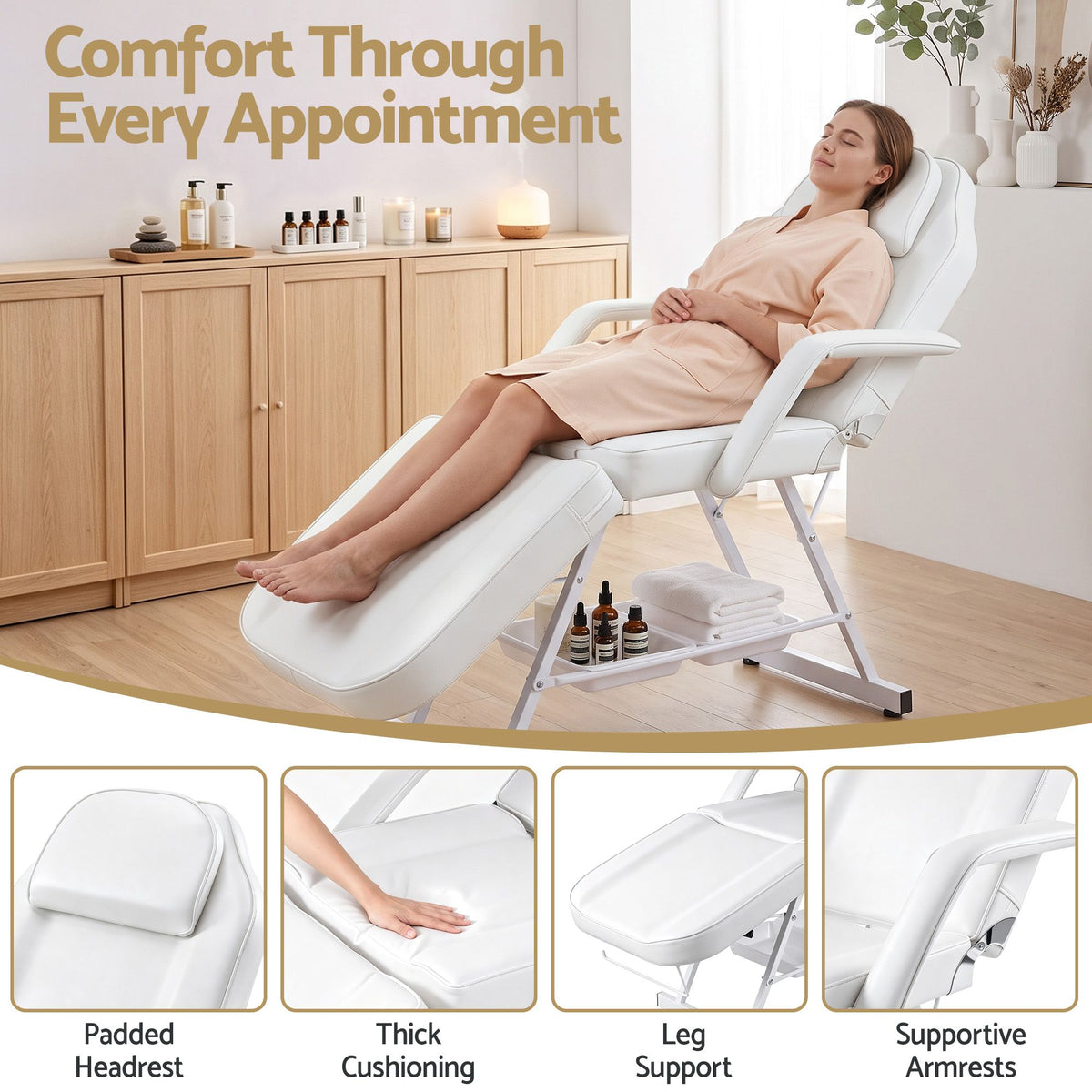 Zenses Beauty Bed with Stool, White, Adjustable Facial Massage Table, Tattoo Chair, Salon Services