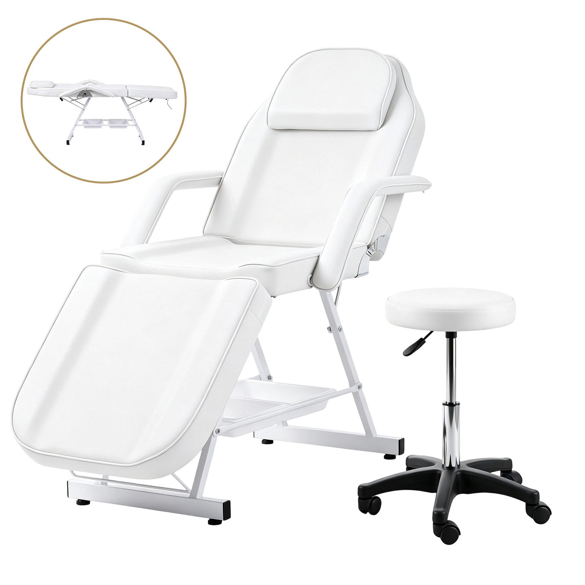 Zenses Beauty Bed with Stool, White, Adjustable Facial Massage Table, Tattoo Chair, Salon Services