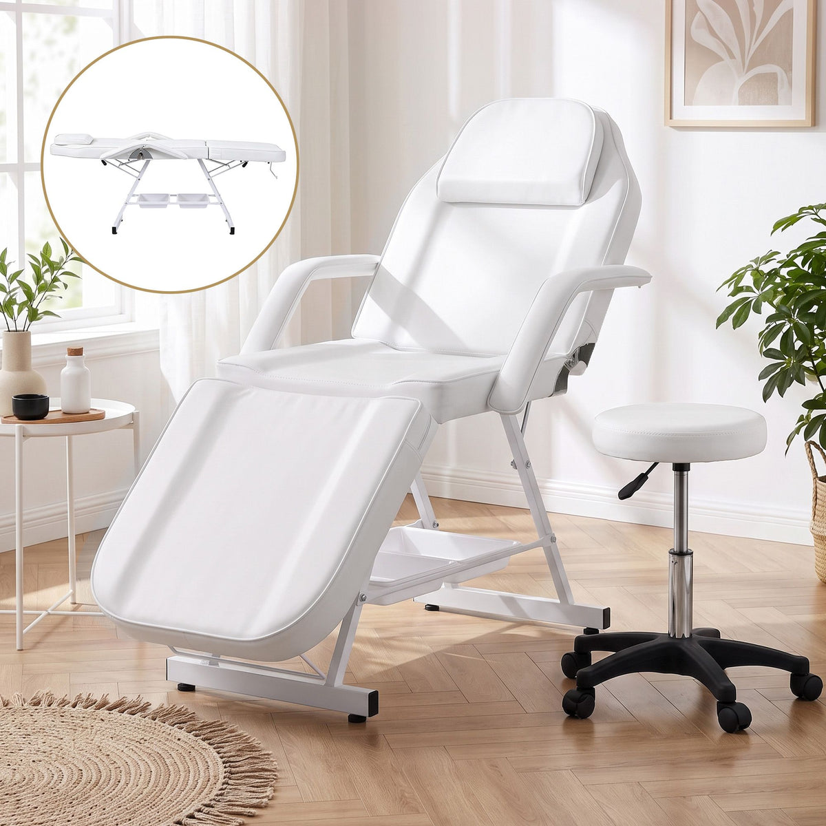 Zenses Beauty Bed with Stool, White, Adjustable Facial Massage Table, Tattoo Chair, Salon Services