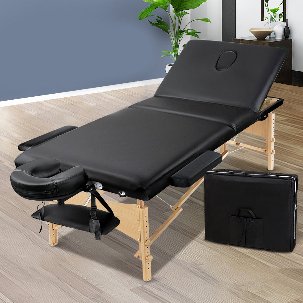 Massage Tables: Zenses Massage Table 60cm Portable 3 Fold Wooden Beauty Bed Black