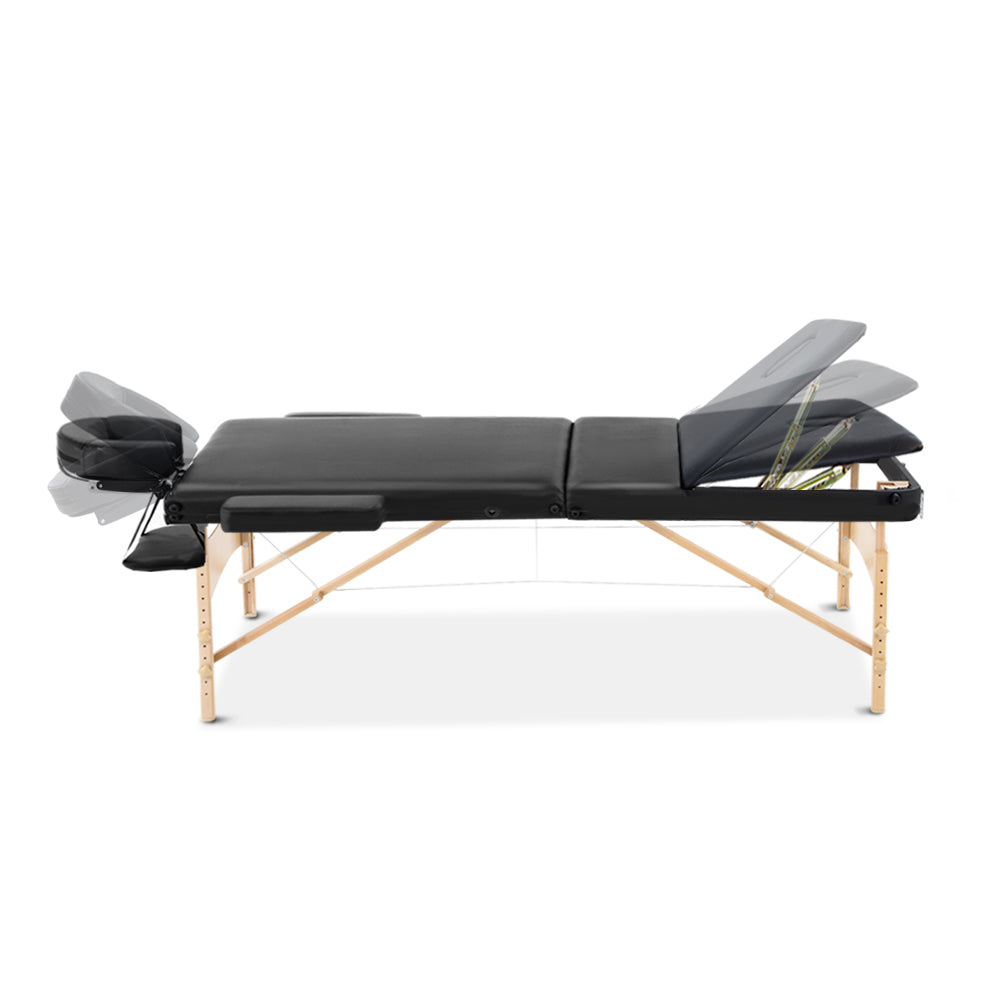 Massage Tables: Zenses Massage Table 75cm Portable 3 Fold Wooden Beauty Bed Black