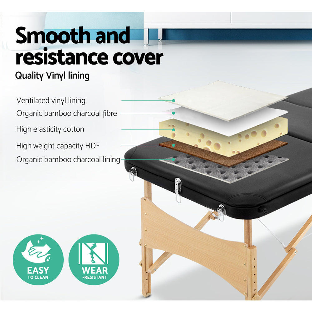 Massage Tables: Zenses Massage Table 75cm Portable 3 Fold Wooden Beauty Bed Black