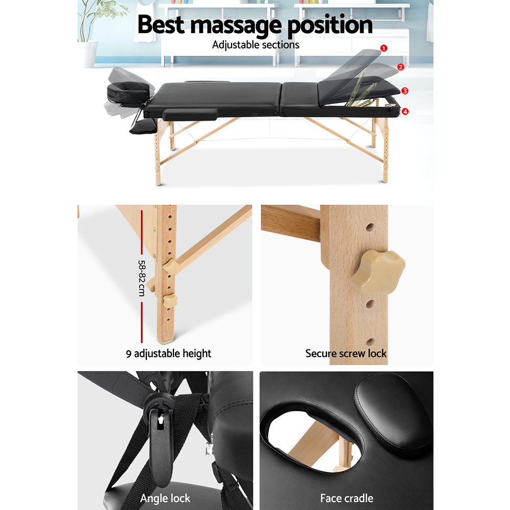 Massage Tables: Zenses Massage Table 75cm Portable 3 Fold Wooden Beauty Bed Black