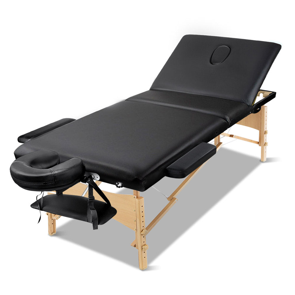 Massage Tables: Zenses Massage Table 75cm Portable 3 Fold Wooden Beauty Bed Black