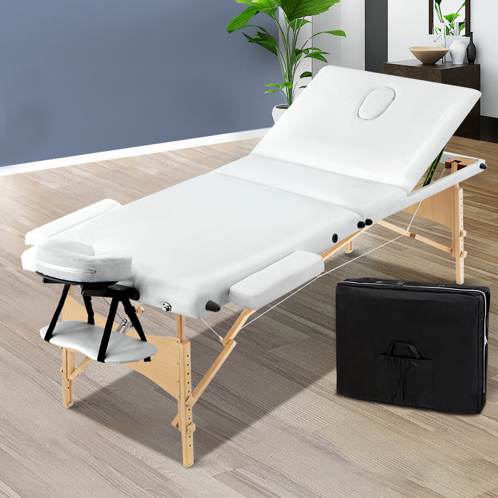 Massage Tables: Zenses Massage Table 70cm Portable 3 Fold Wooden Beauty Bed White