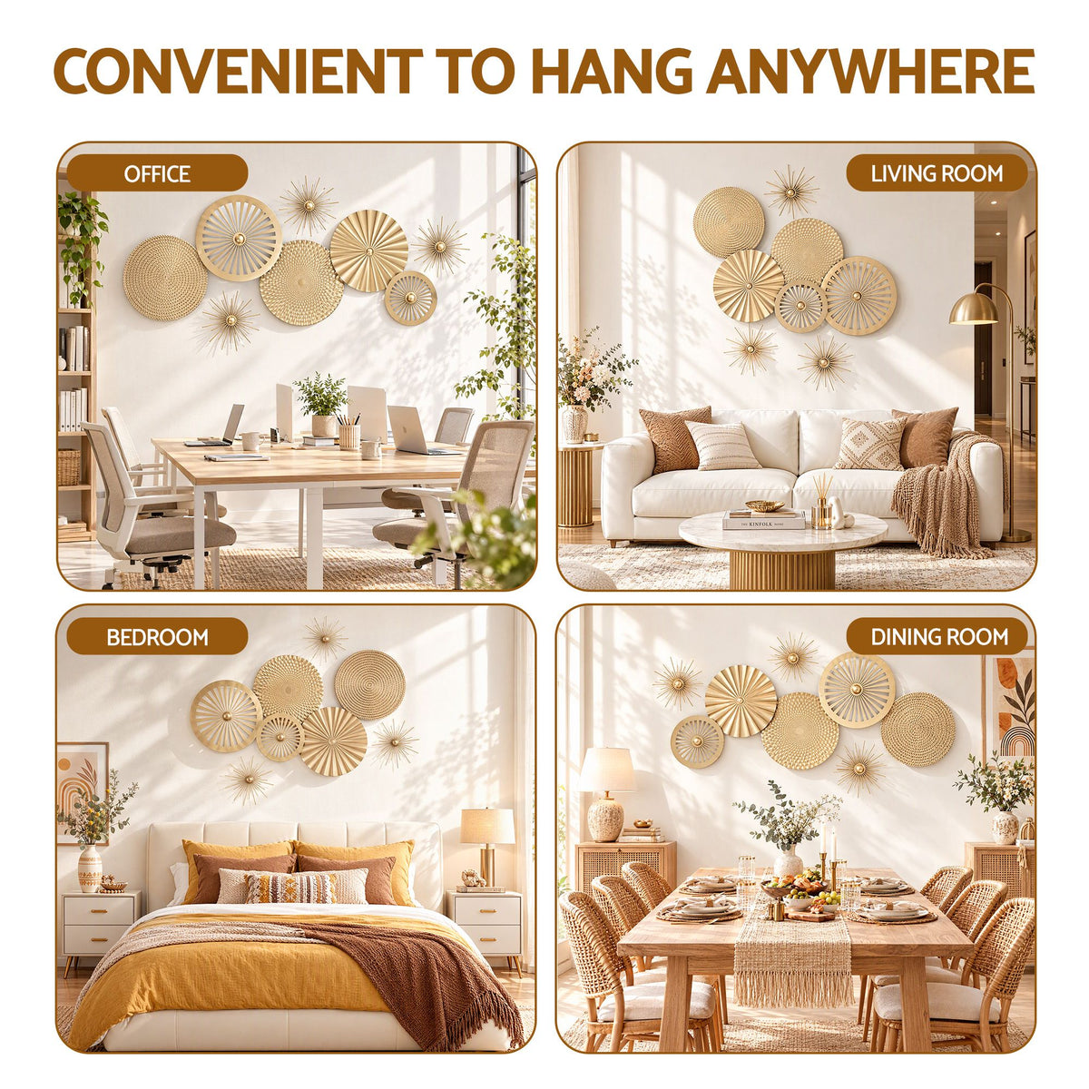 Artiss 8 Pieces Gold Metal Wall Decor Set 3D Starburst Round Disc Sculptures Flexible DIY Layout