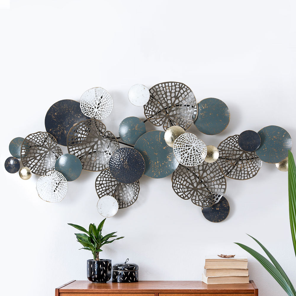 3D Wall Art: Artiss Metal Wall Art Hanging Sculpture 132cm Home Decor Leaf Circles Blue