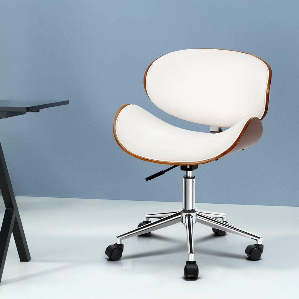 Office & Desk Chairs: Artiss Wooden Office Chair Leather Seat White