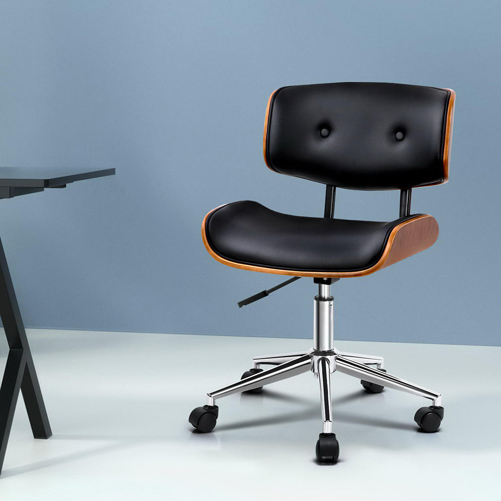 Office & Desk Chairs: Artiss Wooden Office Chair PU Seat Black Brown