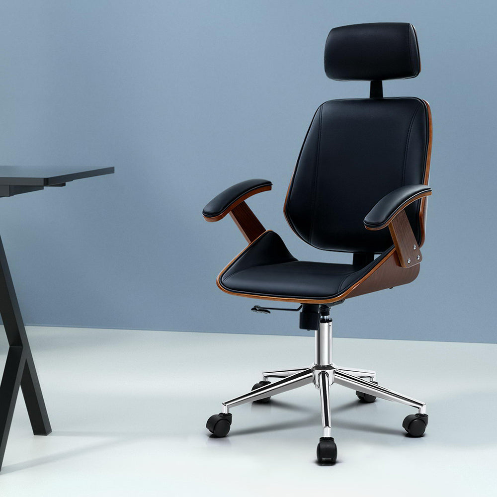 Office & Desk Chairs: Artiss Wooden Office Chair Leather Seat Black