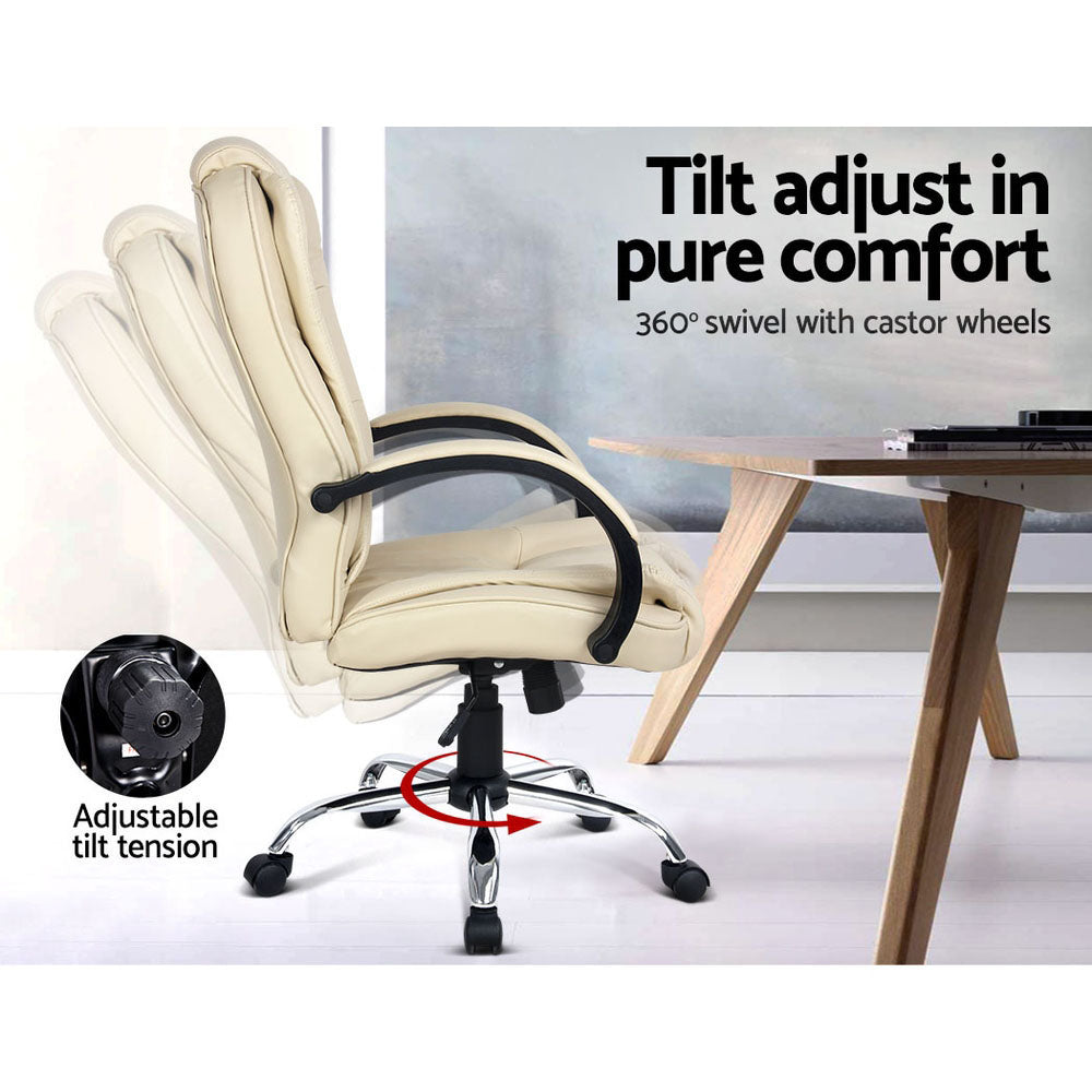 Office & Desk Chairs: Artiss Executive Office Chair Leather Tilt Beige