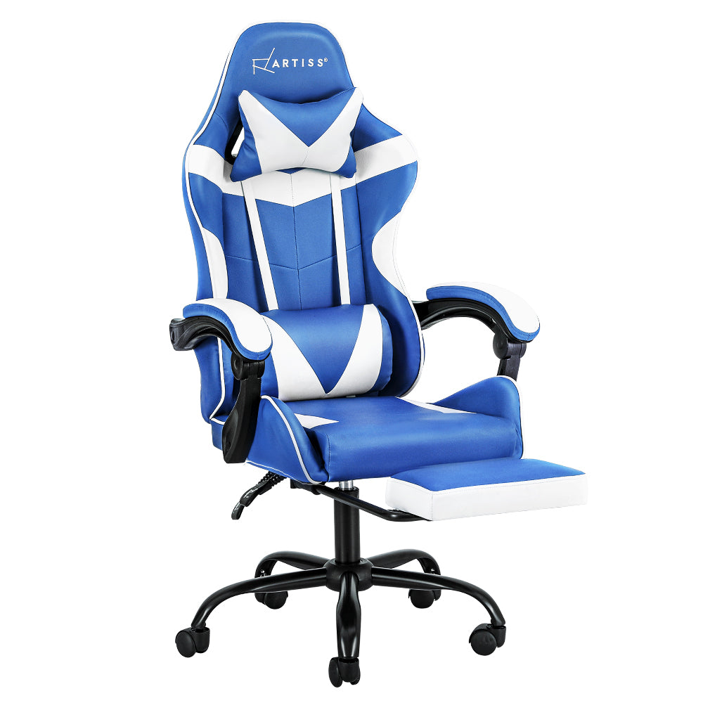 Office & Desk Chairs: Artiss Gaming Office Chair Executive Computer Leather Chairs Footrest Blue White