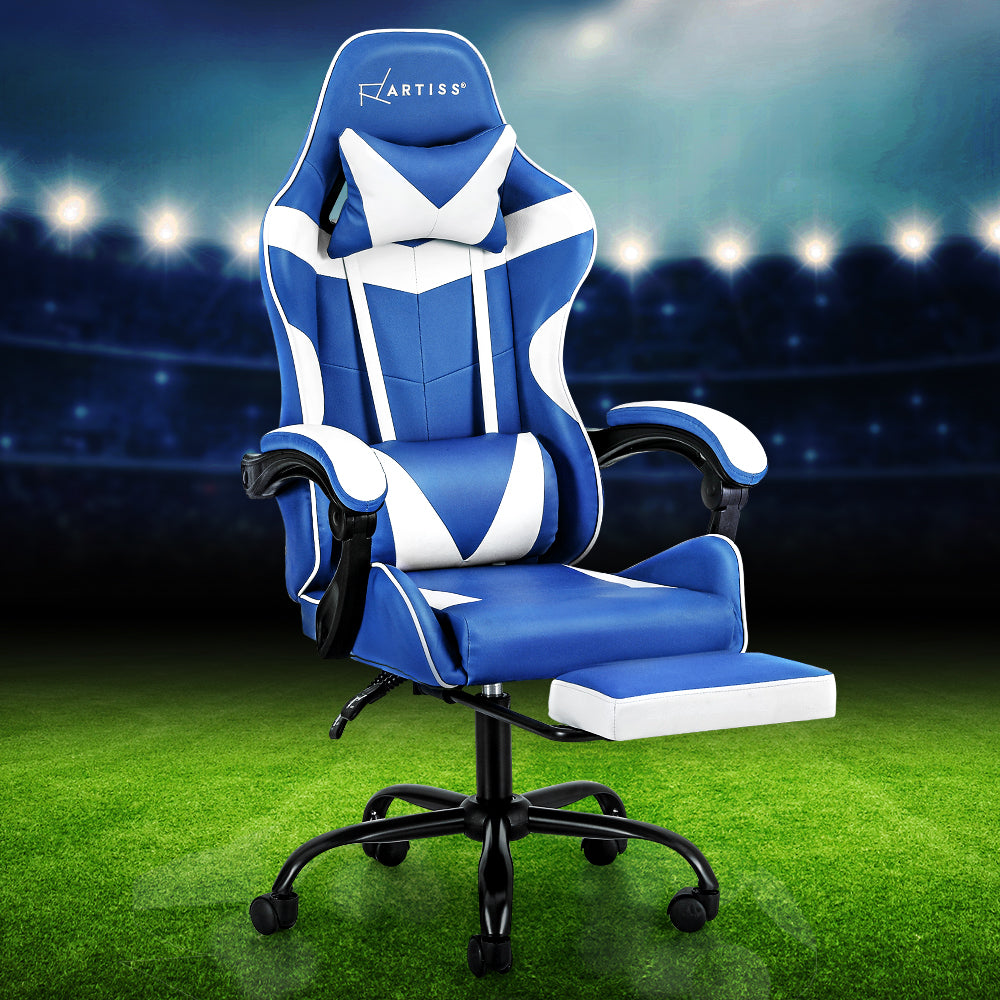 Office & Desk Chairs: Artiss Gaming Office Chair Executive Computer Leather Chairs Footrest Blue White