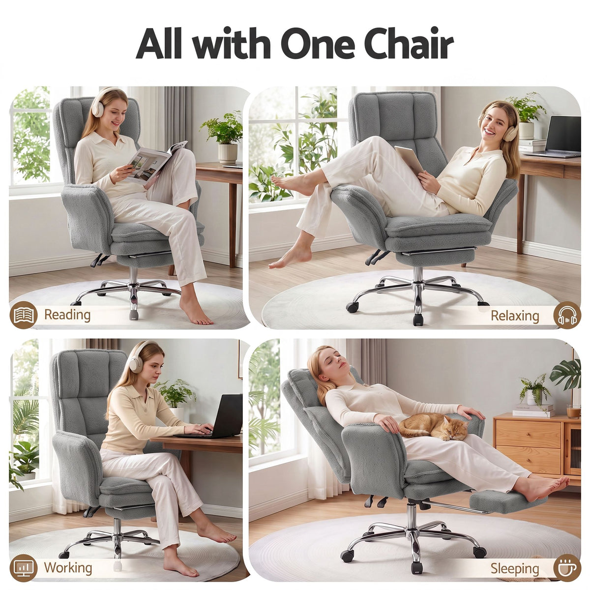 Artiss Big & Tall Criss Cross Office Chair with Flip Armrests Foot Rest Reclining Teddy Fleece Grey