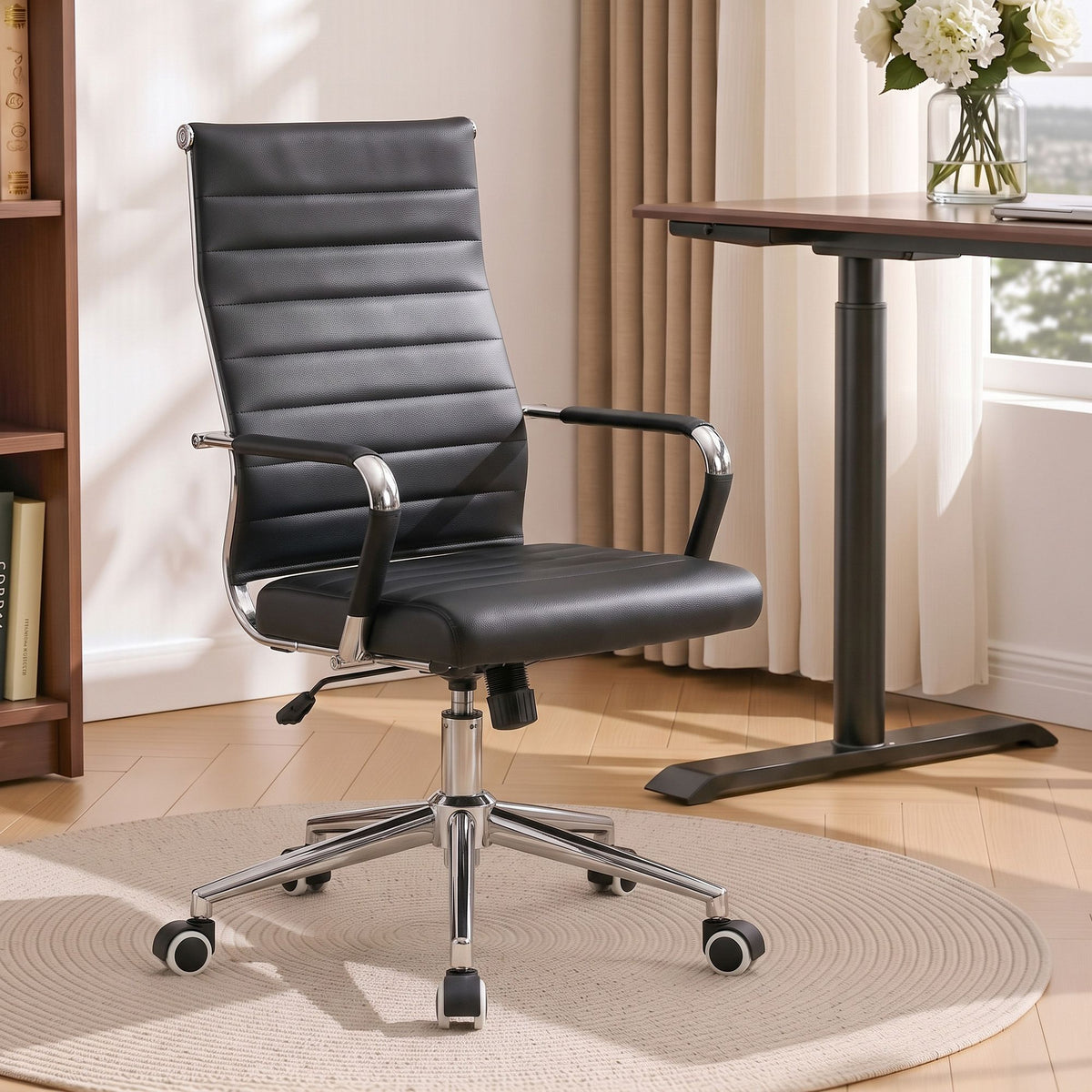 Artiss Conference Office Chair Swivel Computer Chair High Back Ribbed PU Leather Black