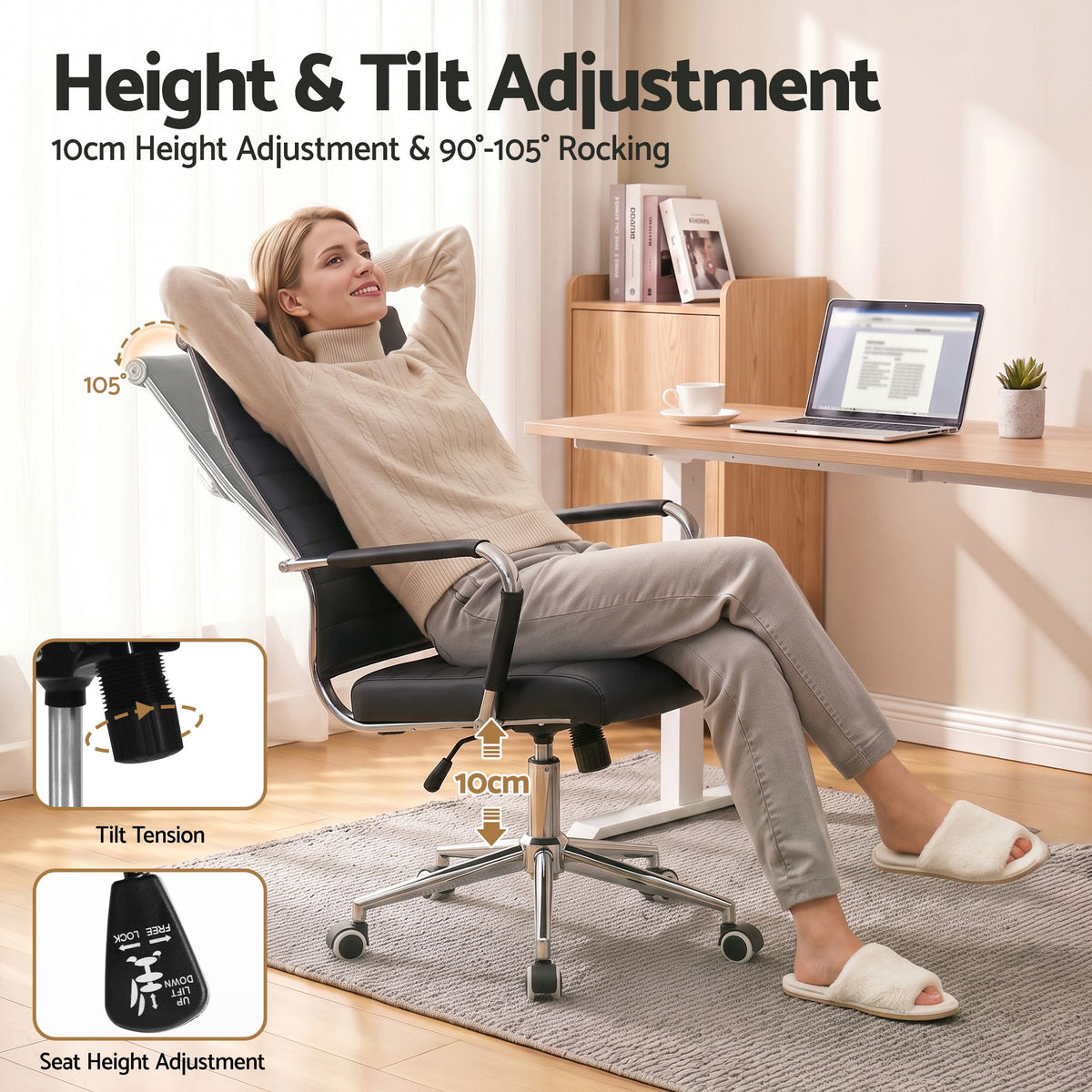 Artiss Conference Office Chair Swivel Computer Chair High Back Ribbed PU Leather Black