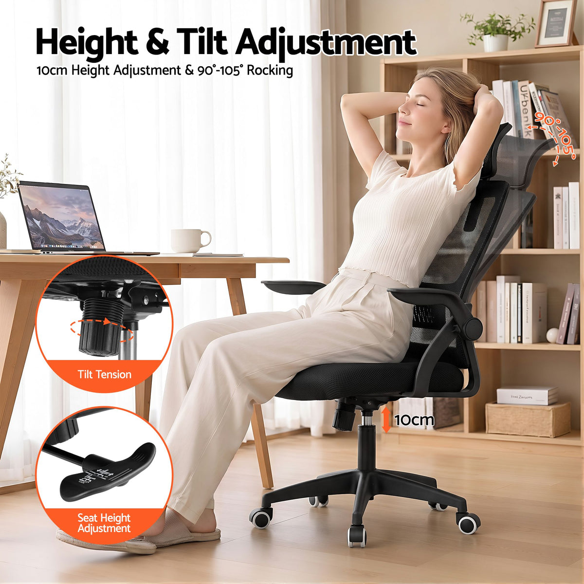 Artiss Ergonomic Office Chair Mesh Deak Chair with Flip-up Arms Adjustable Headrest Black