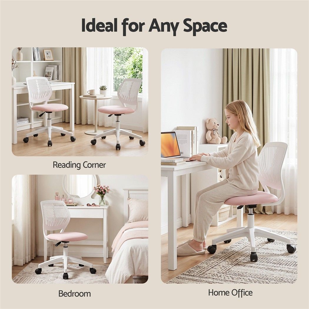 Artiss Ergonomic Office Chair Armless Study Chair Height Adjustable for Girls Boys Teens Pink