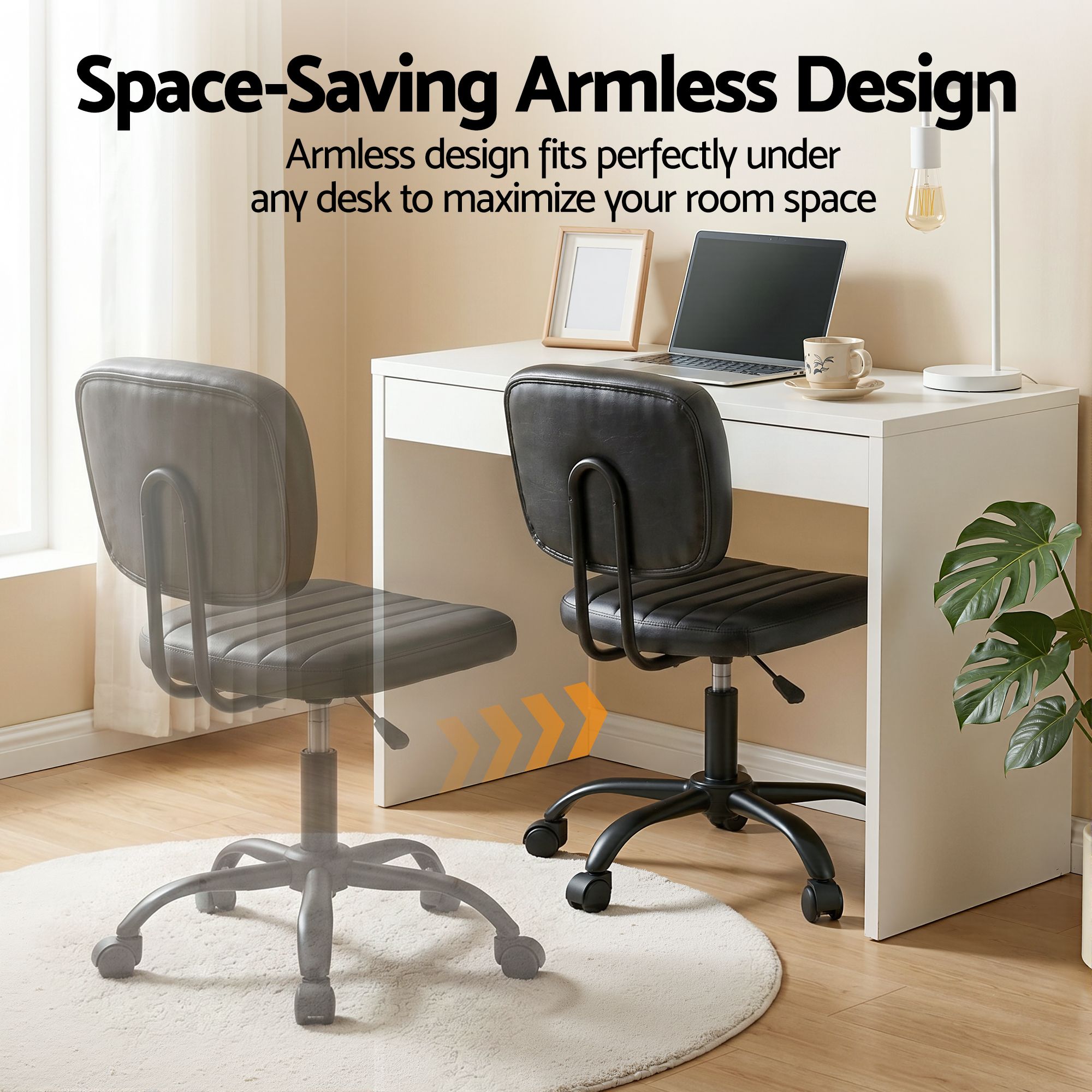 Artiss Armless Office Chair with Wheels, Ergonomic PU Leather Office Desk Chair, Height Adjustable 360Â° Swivel Computer Task Chair for Home Office, Study Room & Small Space, Black