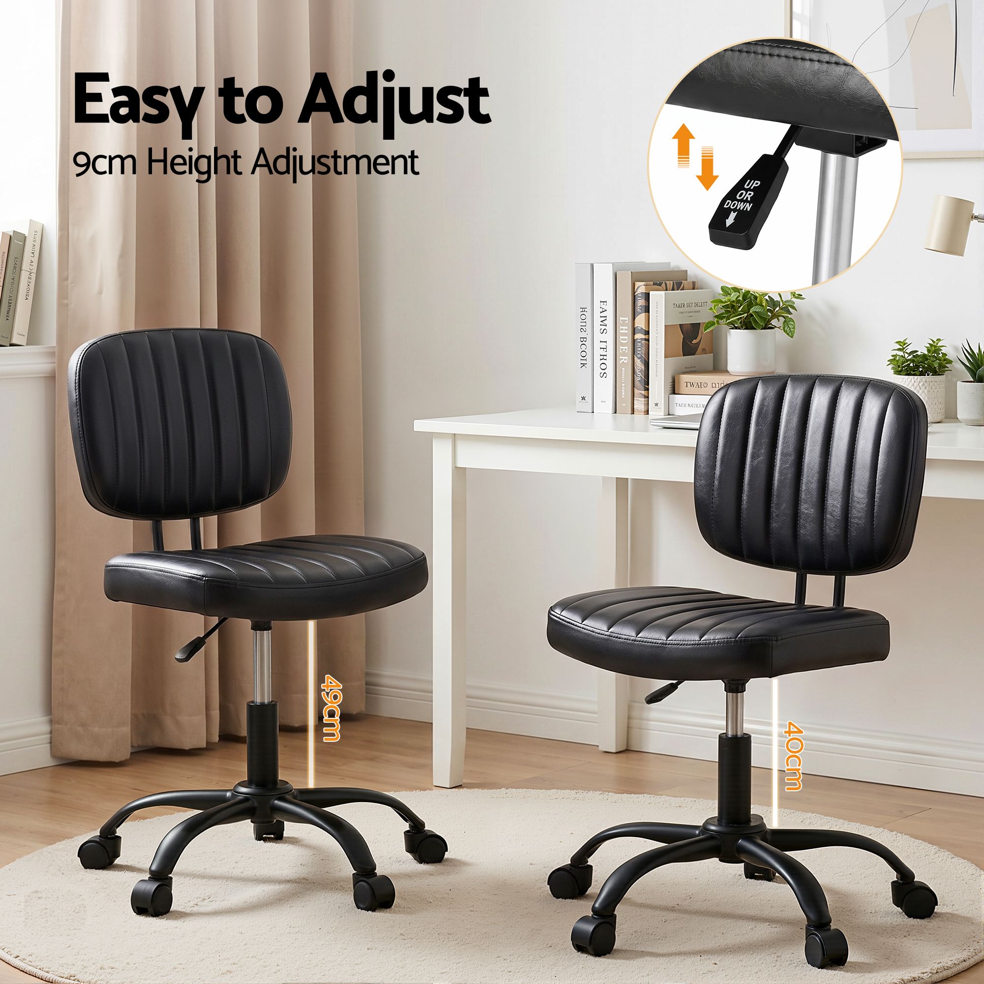 Artiss Armless Office Chair with Wheels, Ergonomic PU Leather Office Desk Chair, Height Adjustable 360Â° Swivel Computer Task Chair for Home Office, Study Room & Small Space, Black