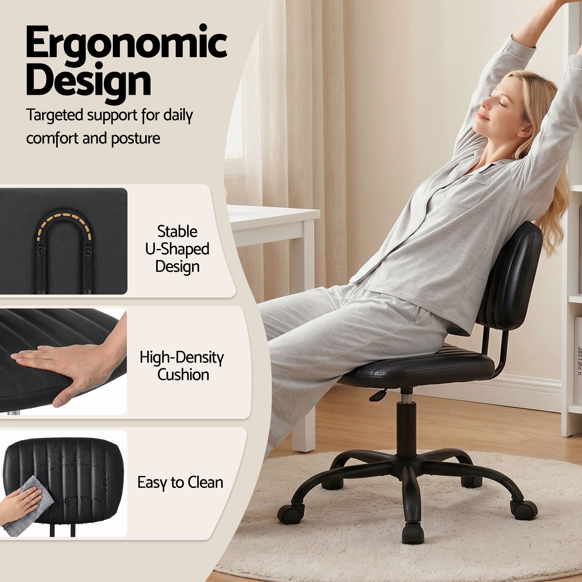 Artiss Armless Office Chair with Wheels, Ergonomic PU Leather Office Desk Chair, Height Adjustable 360Â° Swivel Computer Task Chair for Home Office, Study Room & Small Space, Black