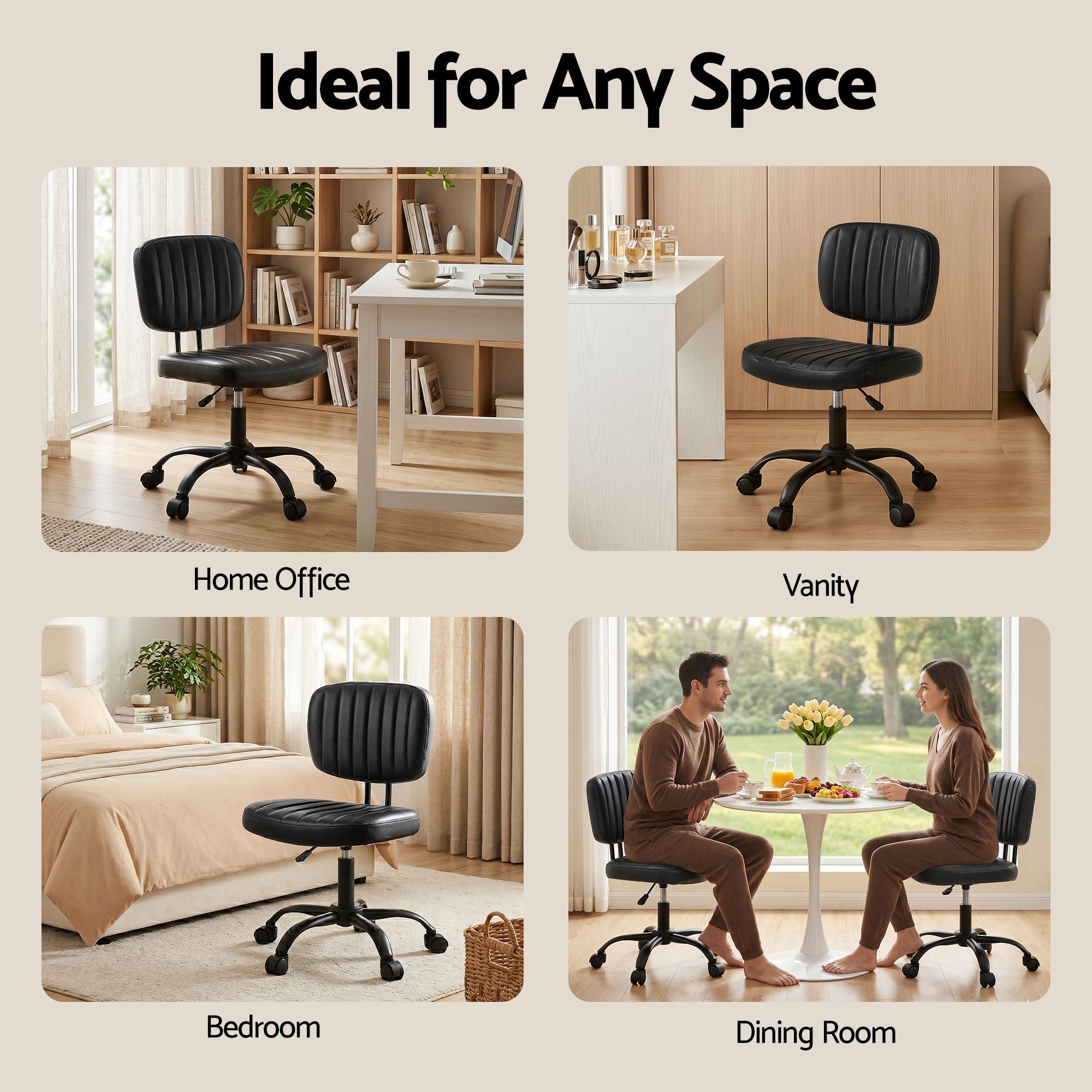 Artiss Armless Office Chair with Wheels, Ergonomic PU Leather Office Desk Chair, Height Adjustable 360Â° Swivel Computer Task Chair for Home Office, Study Room & Small Space, Black