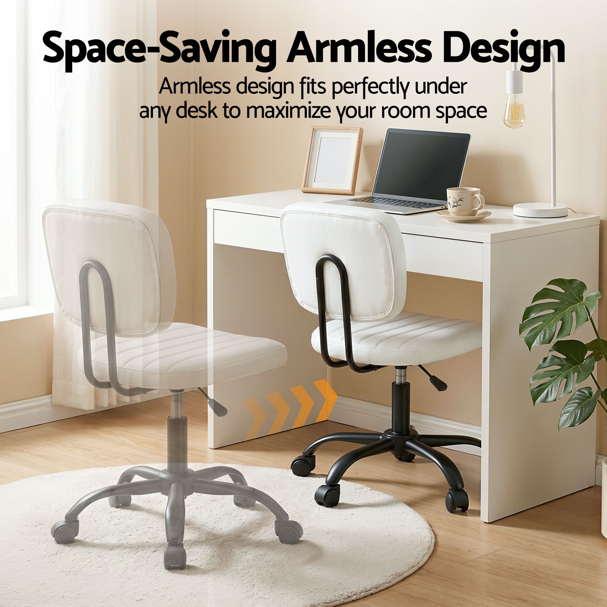 Artiss Armless Office Chair with Wheels, Ergonomic PU Leather Office Desk Chair, Height Adjustable 360Â° Swivel Computer Task Chair for Home Office, Study Room & Small Space, White