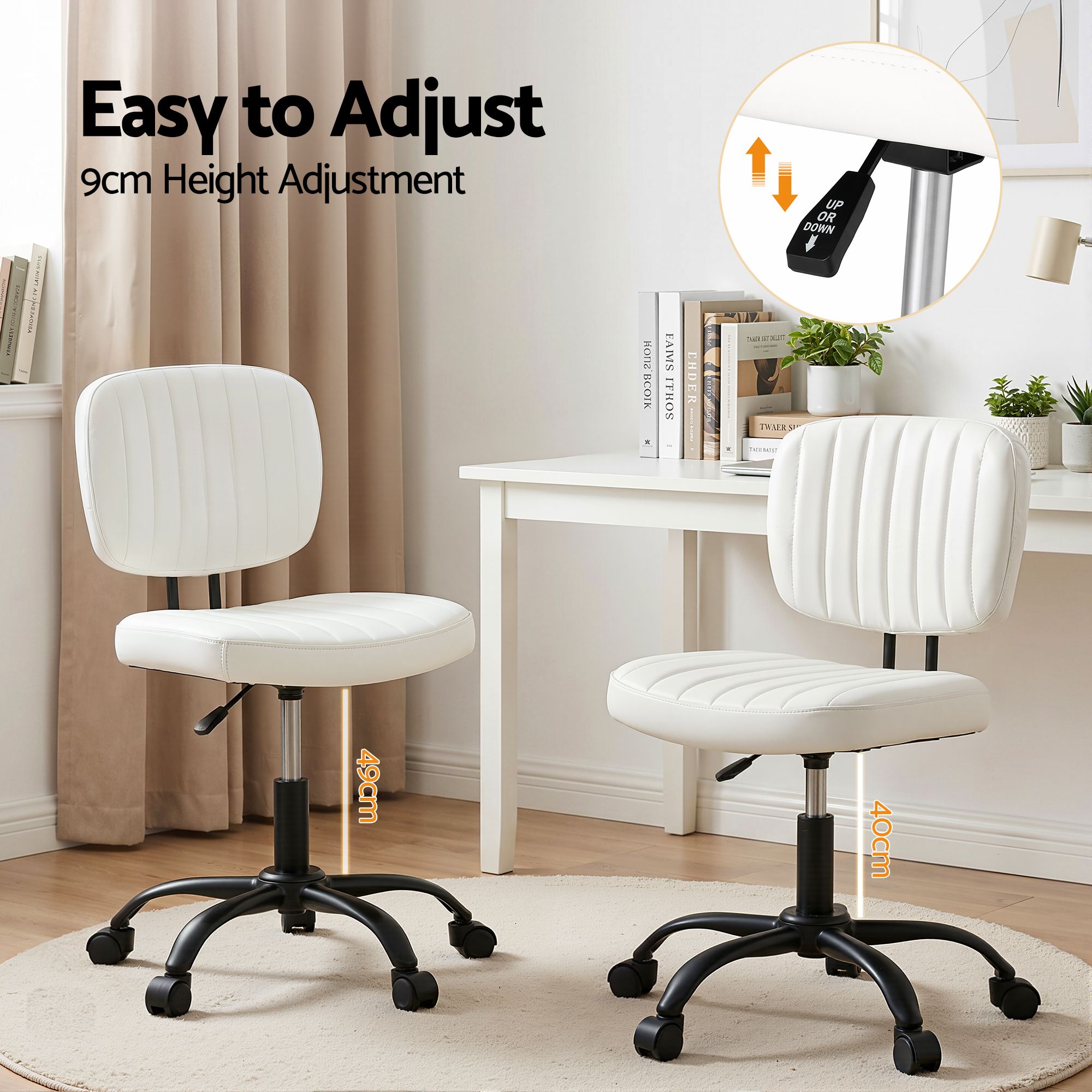 Artiss Armless Office Chair with Wheels, Ergonomic PU Leather Office Desk Chair, Height Adjustable 360Â° Swivel Computer Task Chair for Home Office, Study Room & Small Space, White